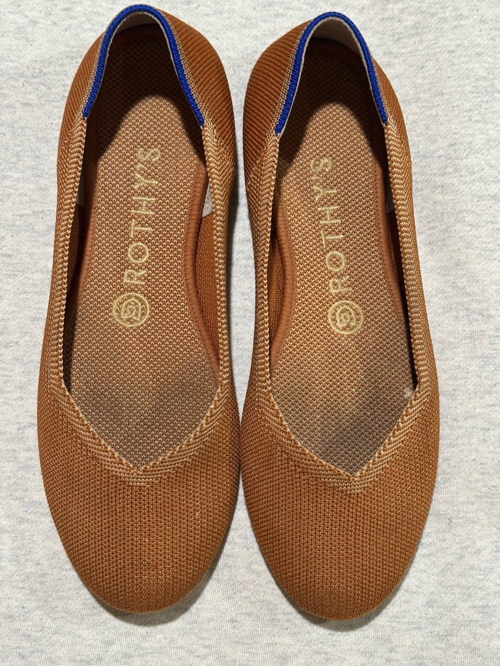 Rothy's Tan Knit Ballet Flats with Blue Trim